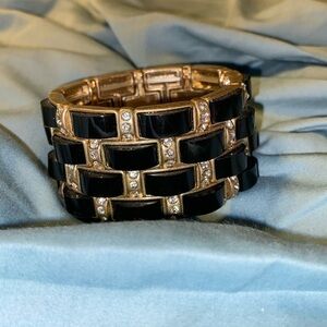 Black and gold, bracelet semi circle and rhinestone expandable elegant